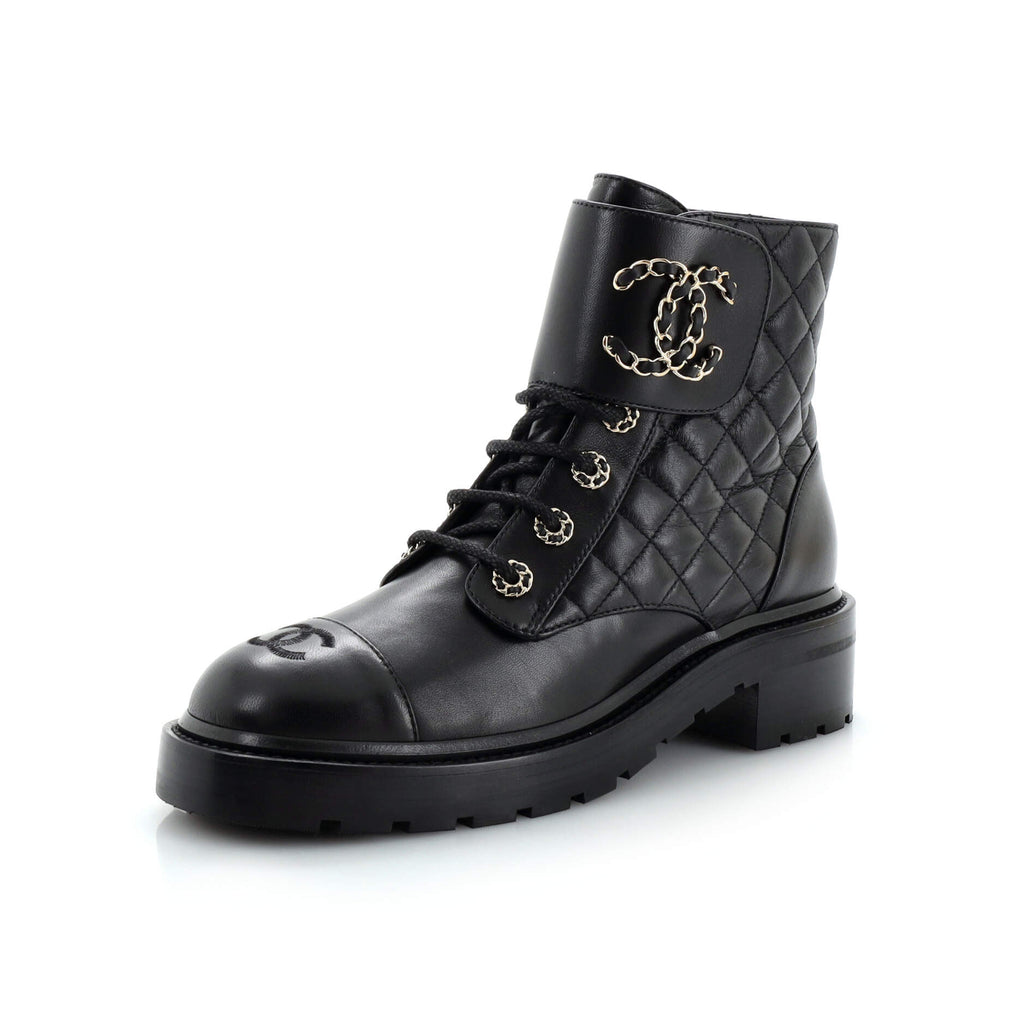 Women's Chain CC Cap Toe Lace Up Combat Boots Quilted Leather