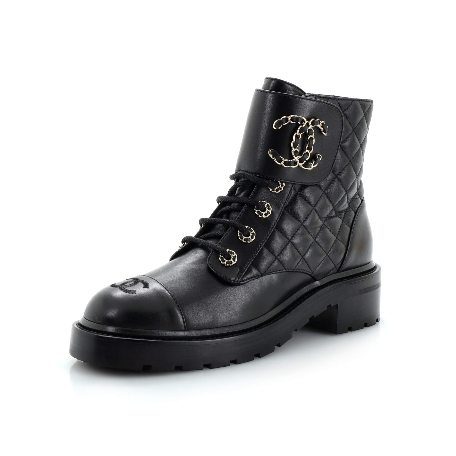 Women's Chain CC Cap Toe Lace Up Combat Boots Quilted Leather