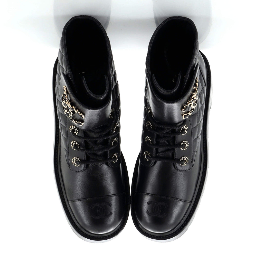 Women's Chain CC Cap Toe Lace Up Combat Boots Quilted Leather