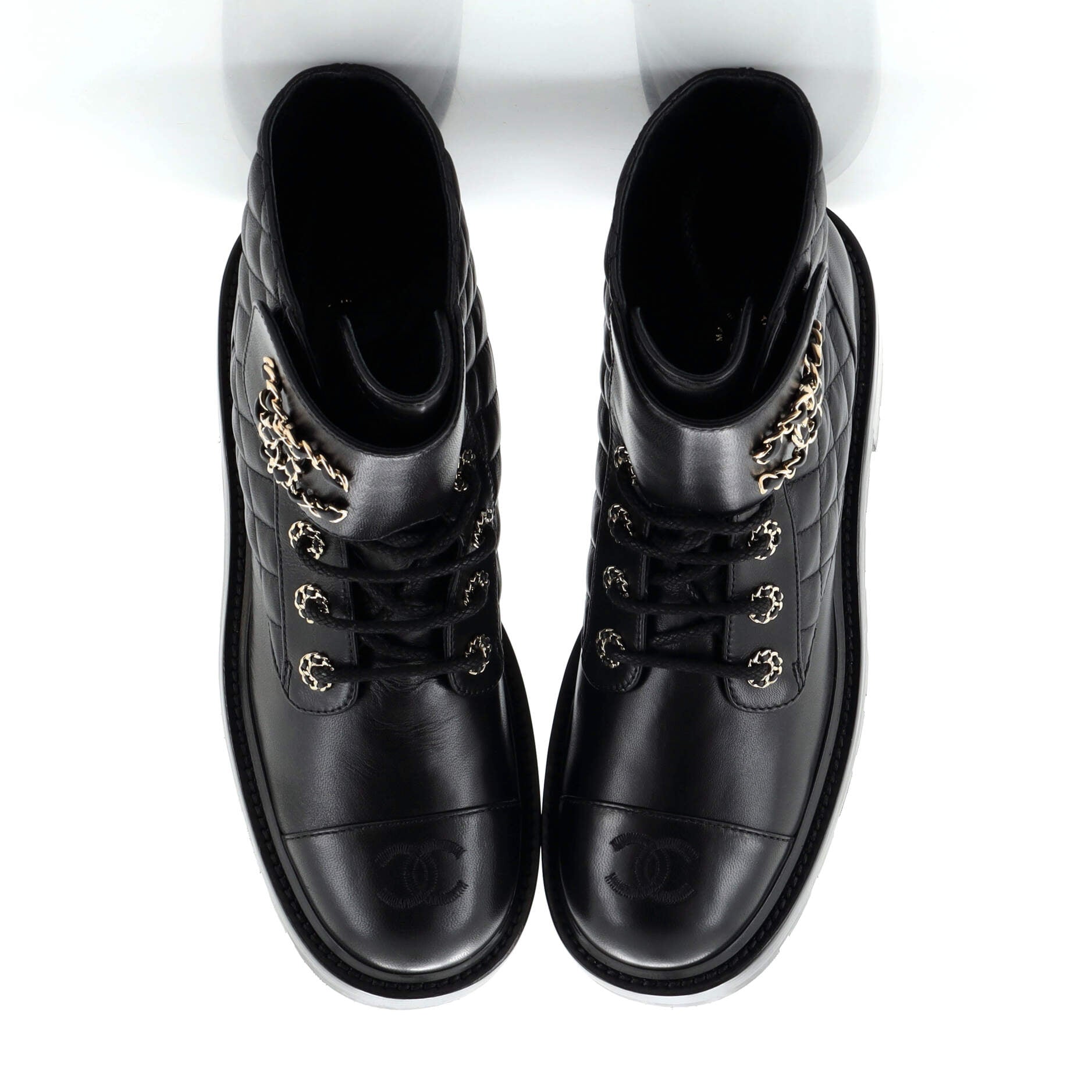 Women's Chain CC Cap Toe Lace Up Combat Boots Quilted Leather