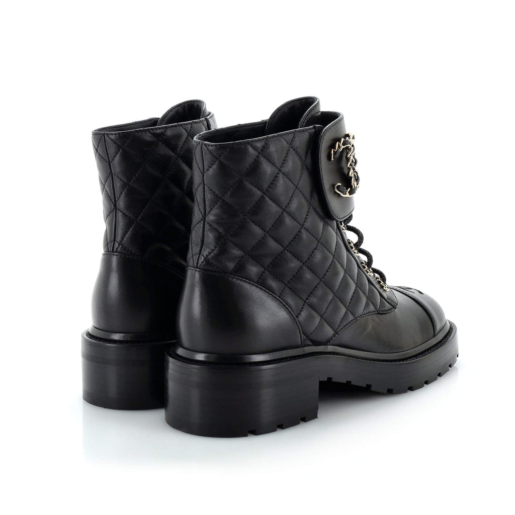 Women's Chain CC Cap Toe Lace Up Combat Boots Quilted Leather