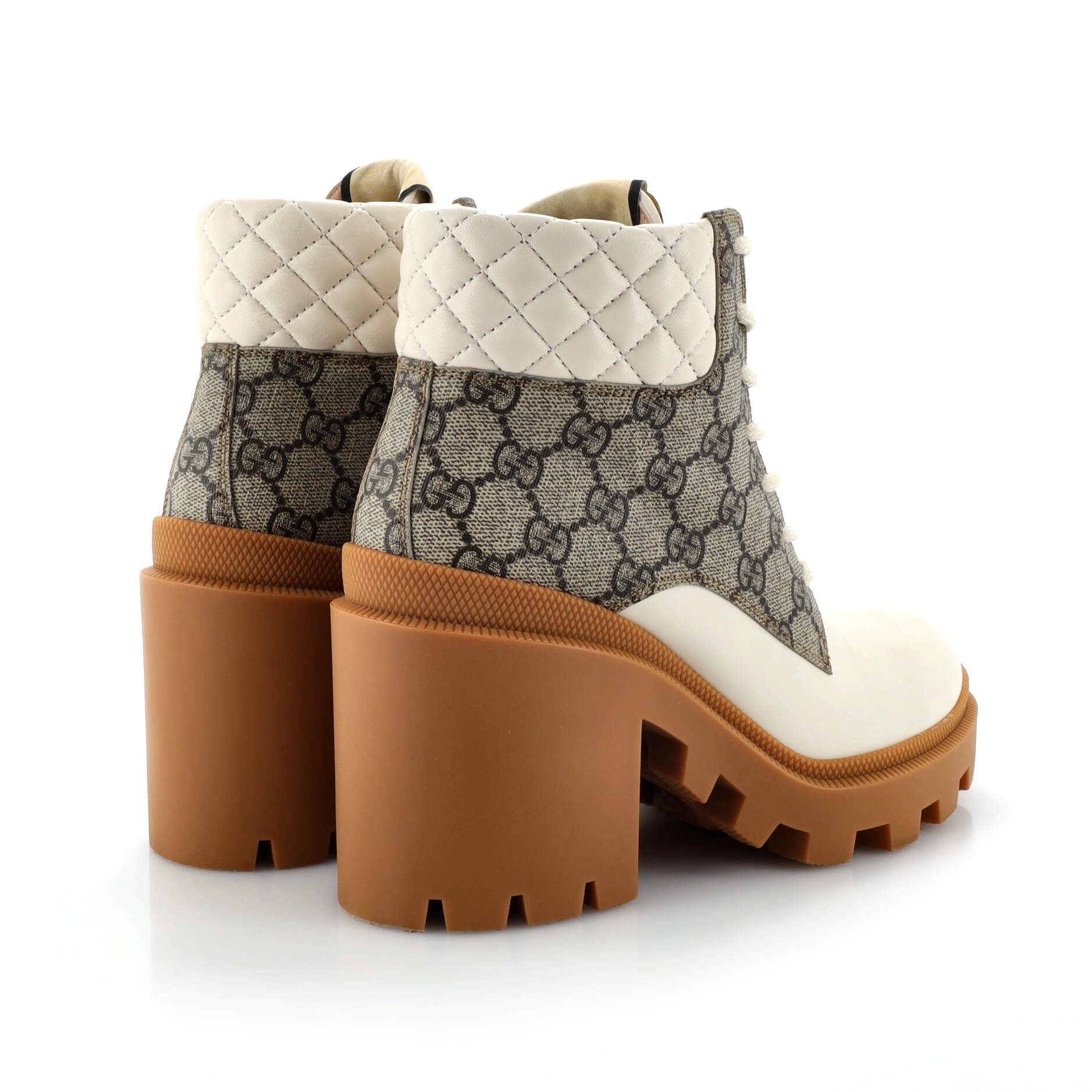 Women's Lace Up Heeled Ankle Boots GG Coated Canvas with Quilted Leather