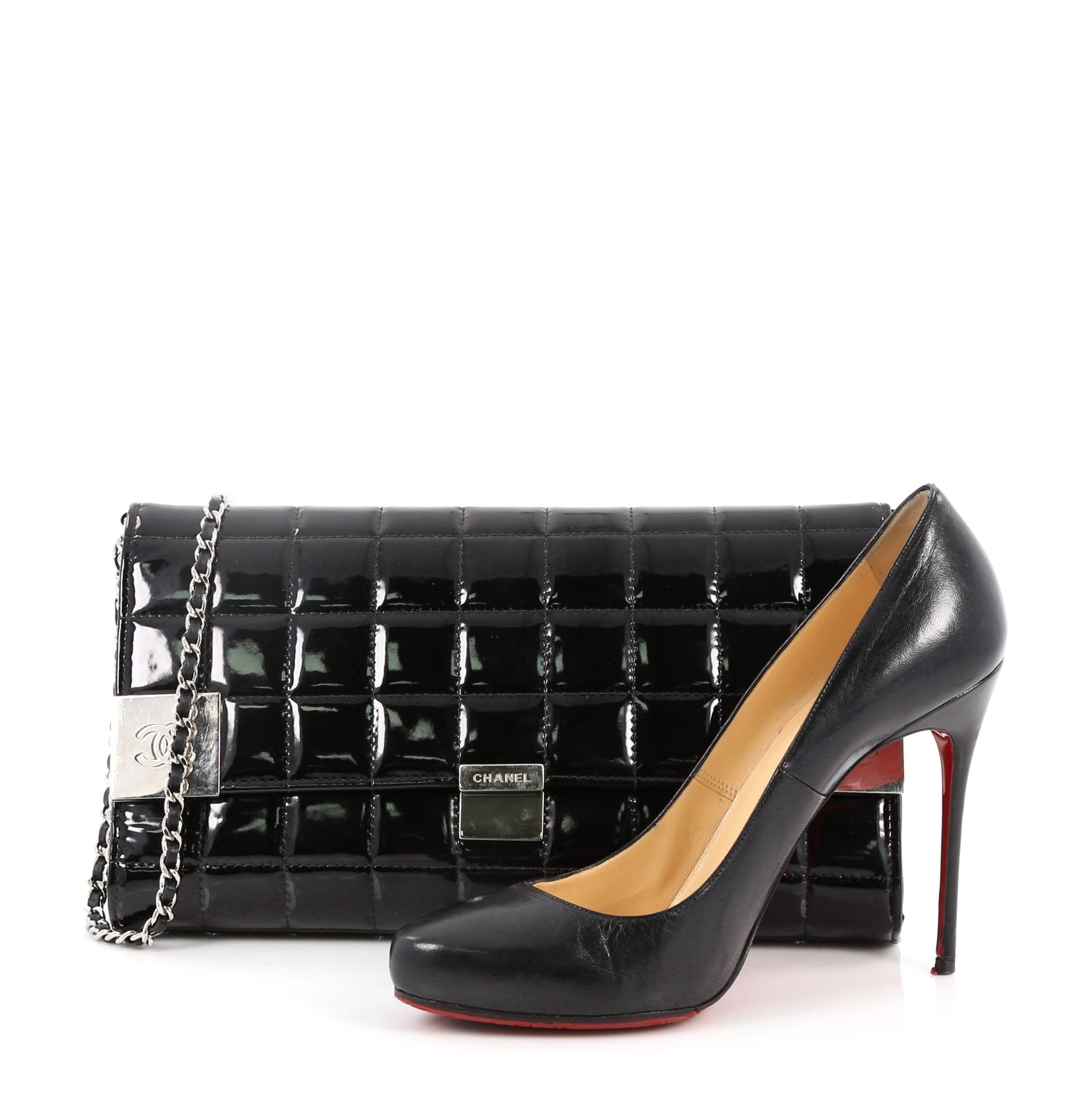 Chocolate Bar Chain Clutch Quilted Patent