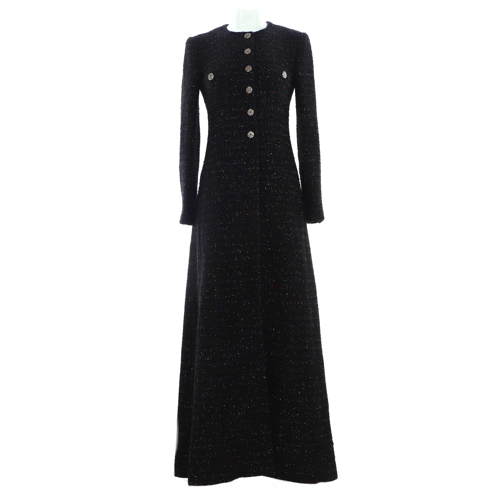 Women's Collarless Button Up Long Coat Tweed with Sequins