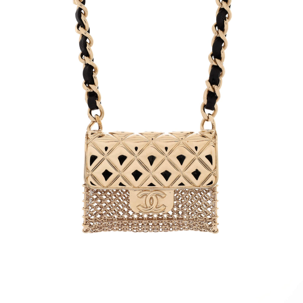 Flap Bag Chain Pendant Necklace Quilted Metal with Lambskin