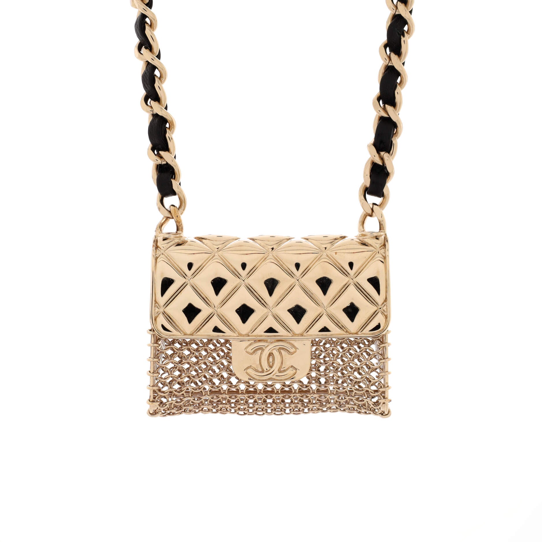 Flap Bag Chain Pendant Necklace Quilted Metal with Lambskin