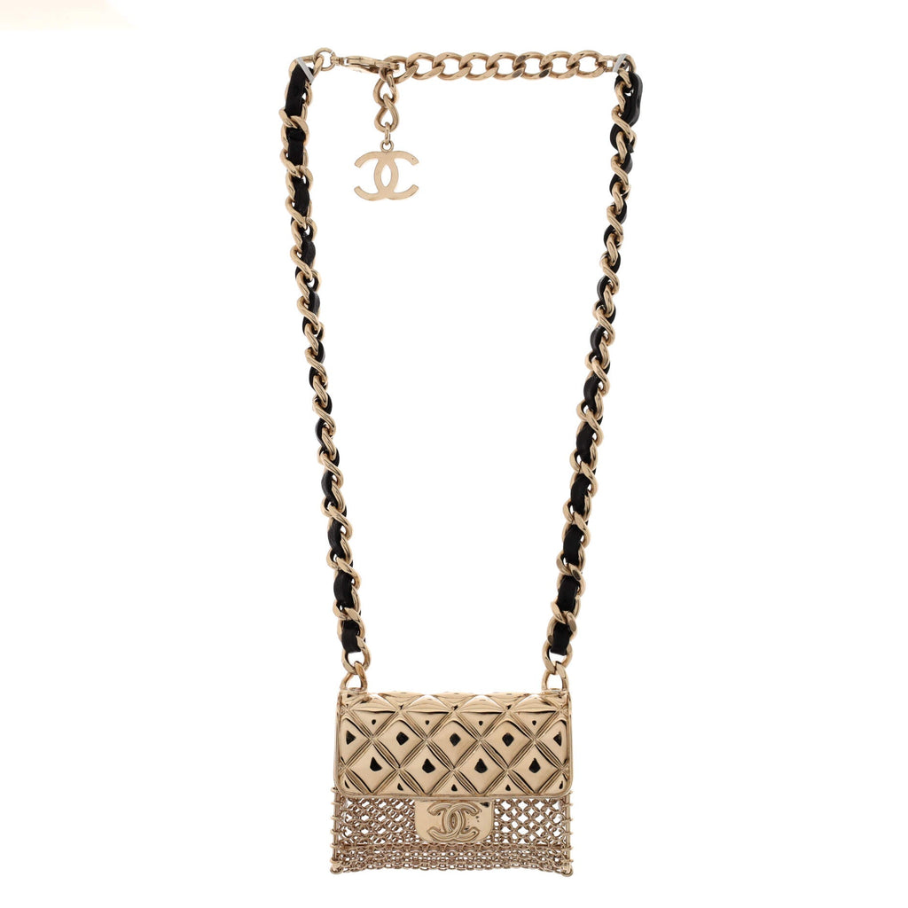 Flap Bag Chain Pendant Necklace Quilted Metal with Lambskin