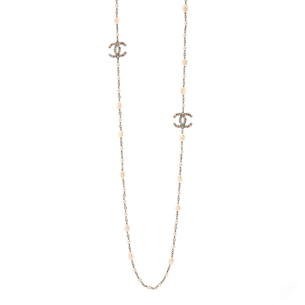 CC Station Long Necklace Metal with Faux Pearls and Crystals