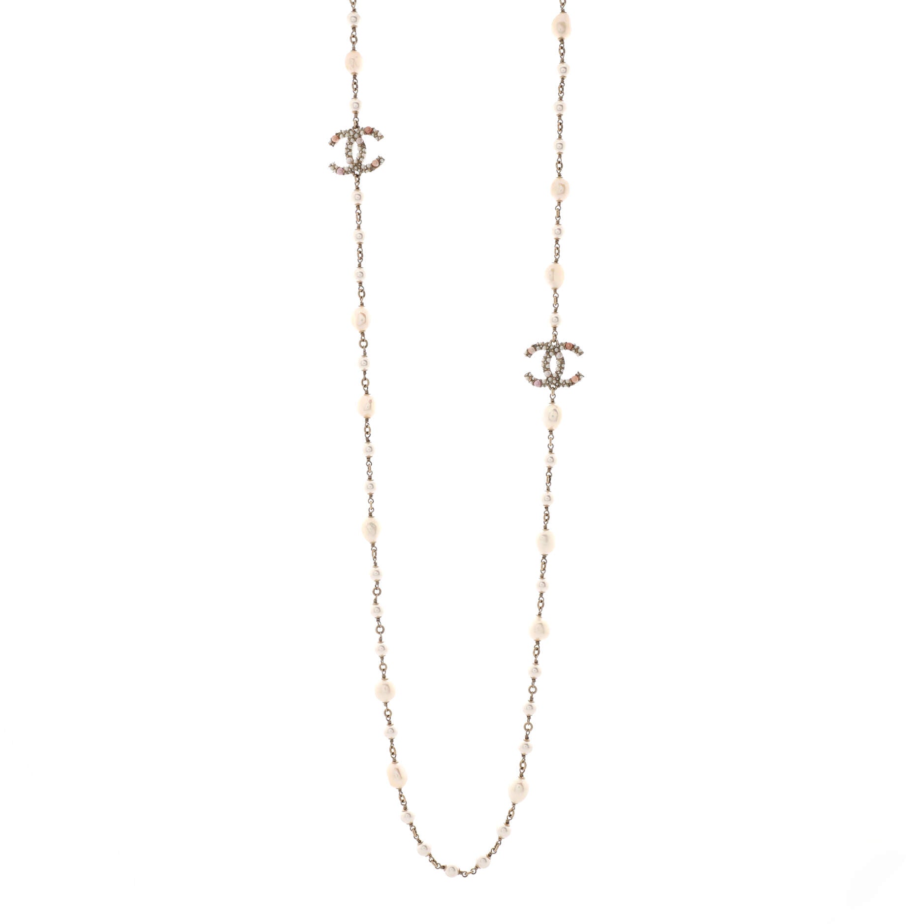 CC Station Long Necklace Metal with Faux Pearls and Crystals