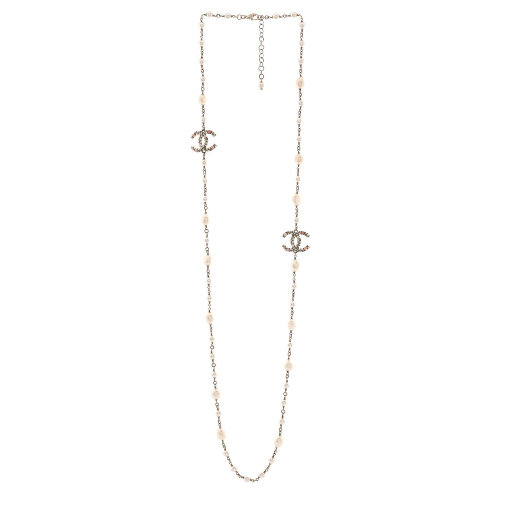 CC Station Long Necklace Metal with Faux Pearls and Crystals