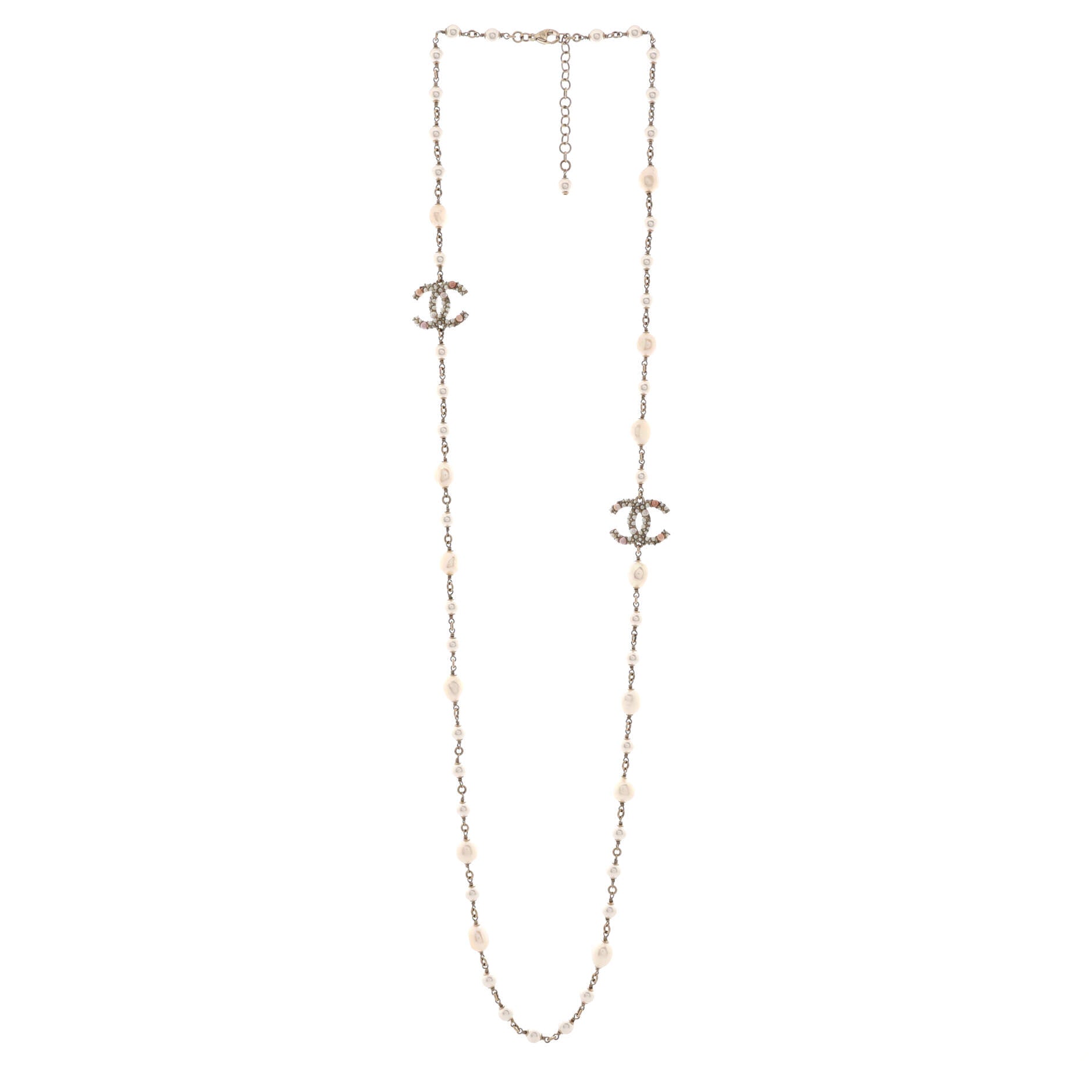 CC Station Long Necklace Metal with Faux Pearls and Crystals