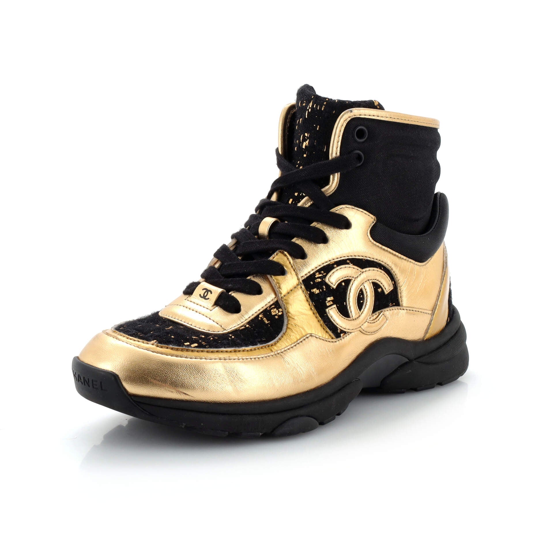 Women's CC High-Top Sneakers Leather with Tweed and Fabric