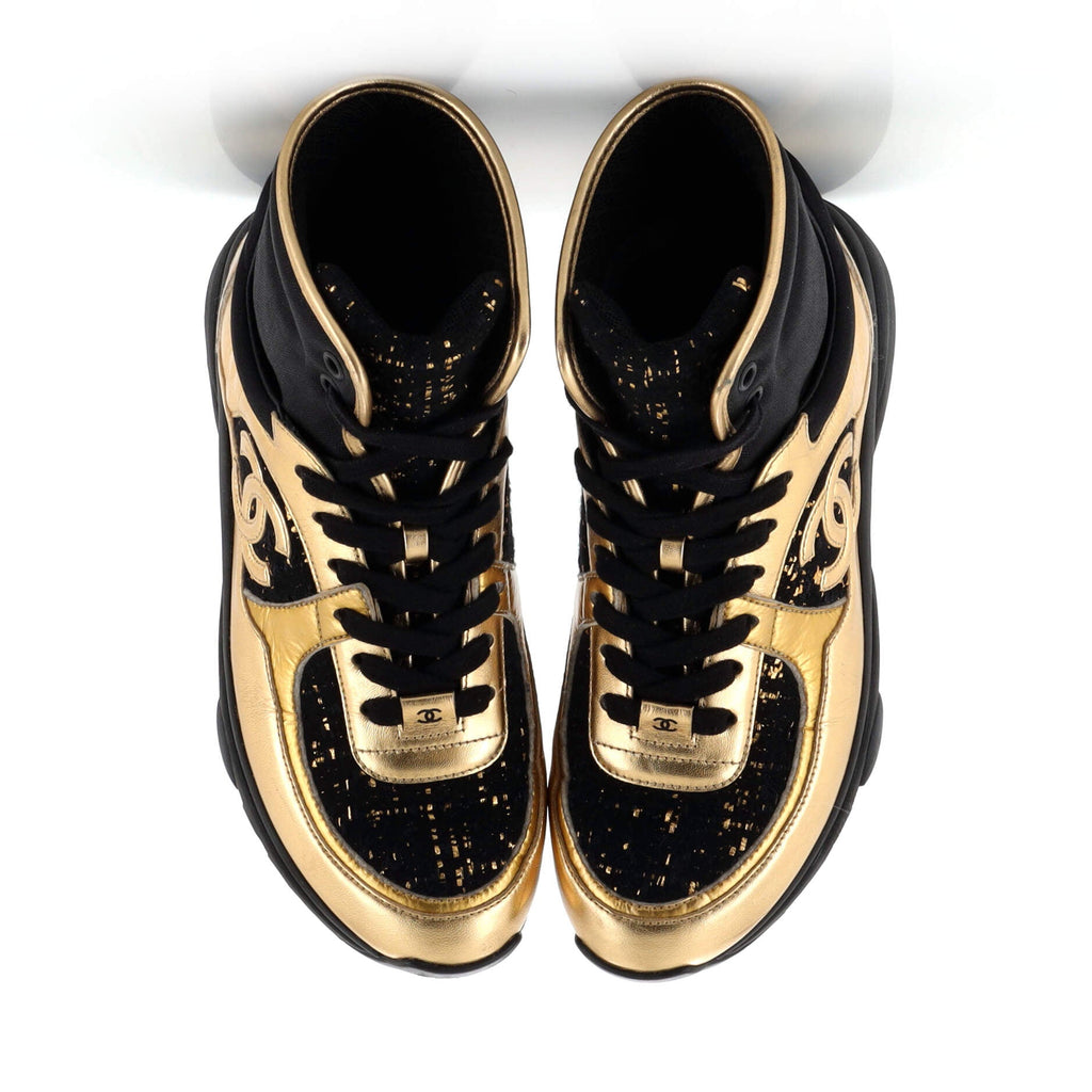 Women's CC High-Top Sneakers Leather with Tweed and Fabric