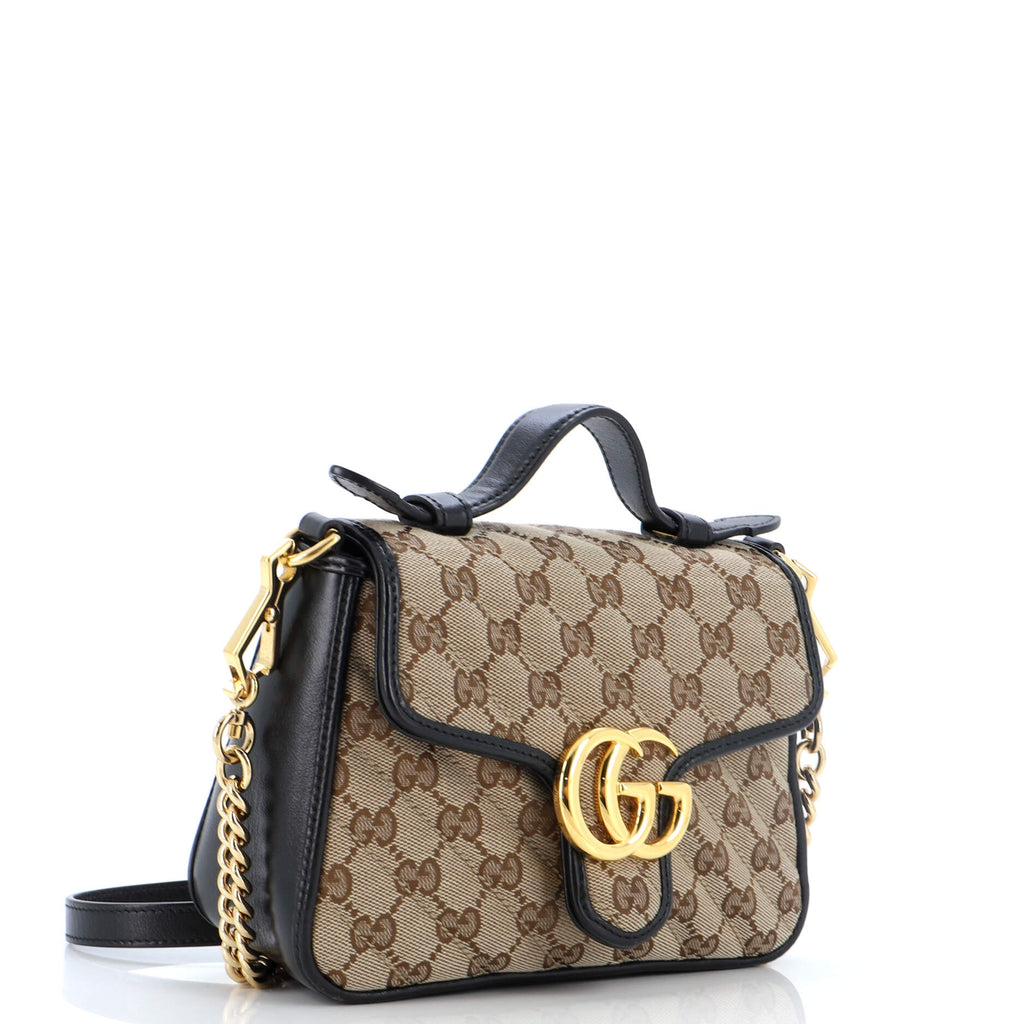 GG Marmont Top Handle Flap Bag Diagonal Quilted GG Canvas Mini