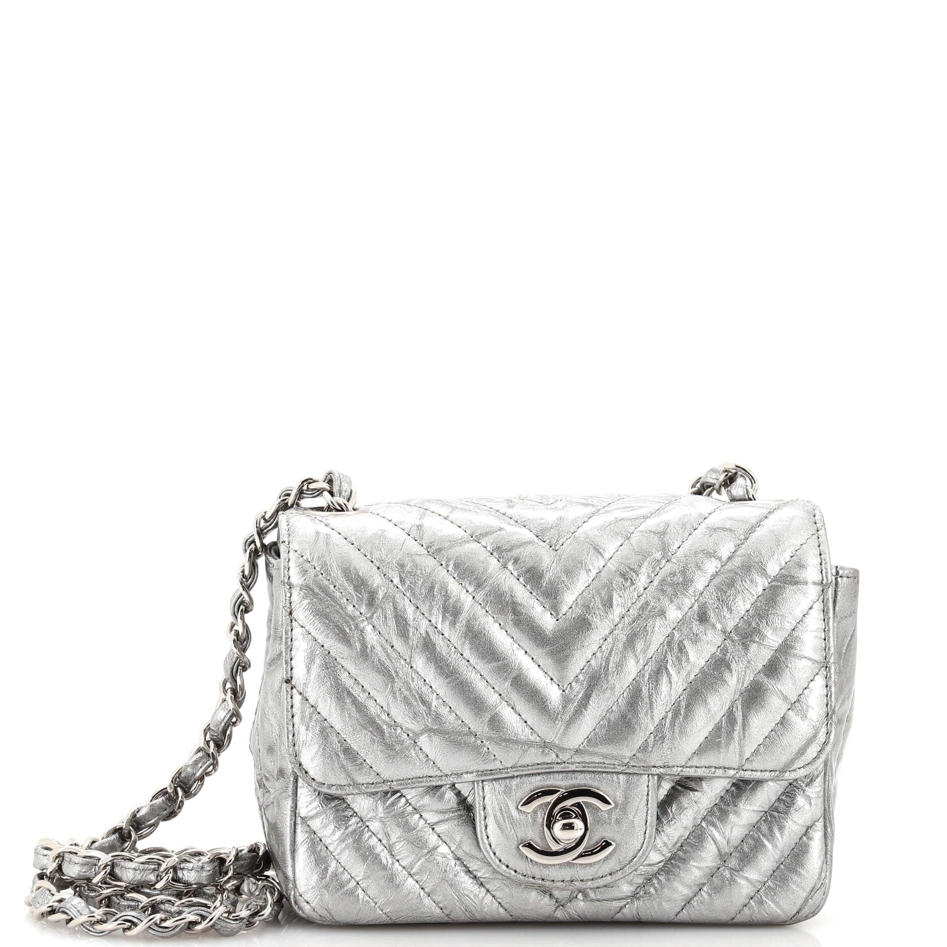 Square Classic Single Flap Bag Chevron Crumpled Metallic Patent Mini