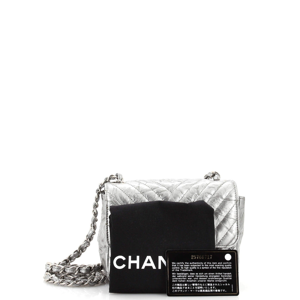 Square Classic Single Flap Bag Chevron Crumpled Metallic Patent Mini