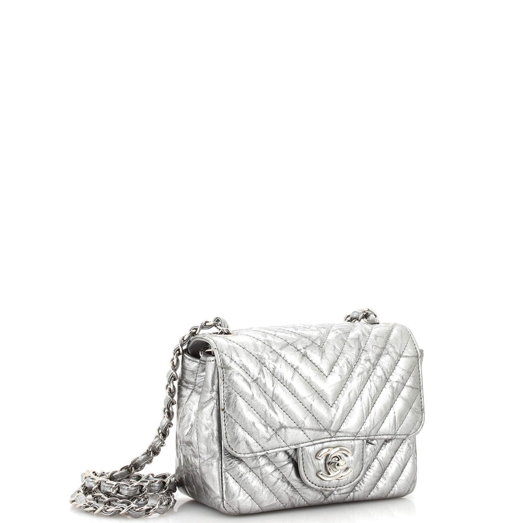 Square Classic Single Flap Bag Chevron Crumpled Metallic Patent Mini