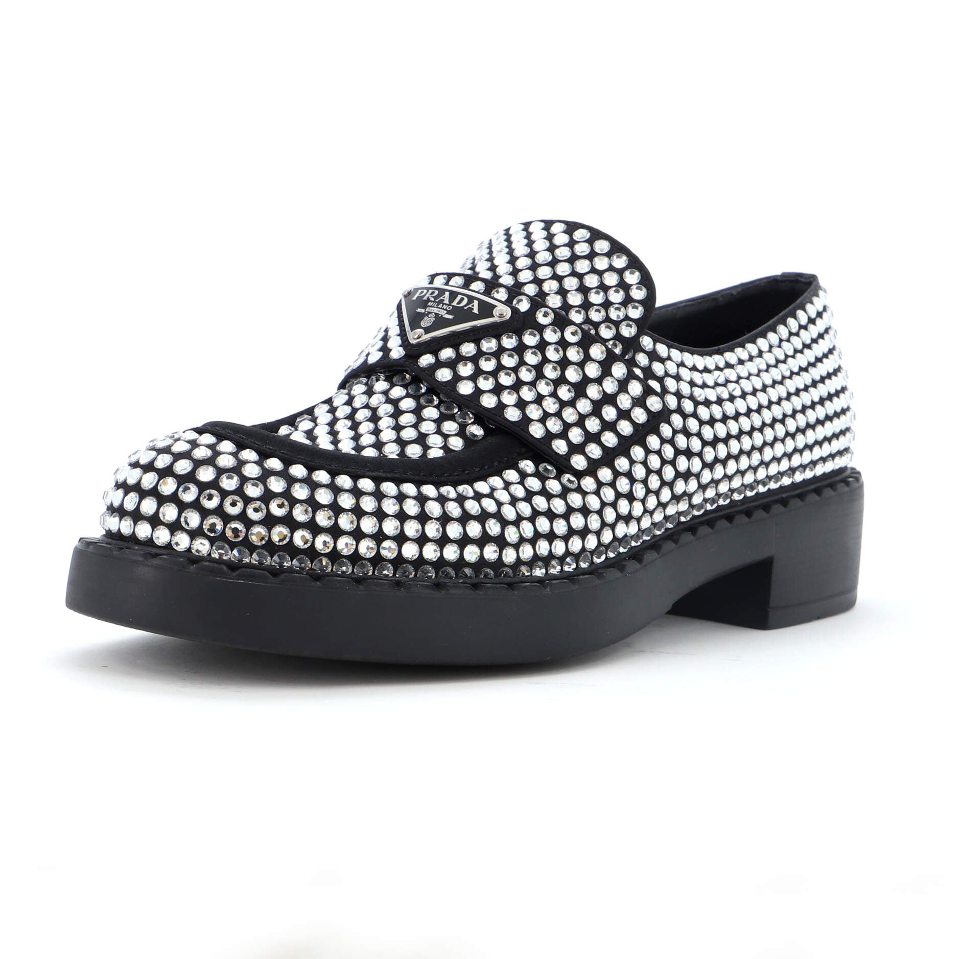 Women's Triangle Logo Loafers Crystal Embellished Satin