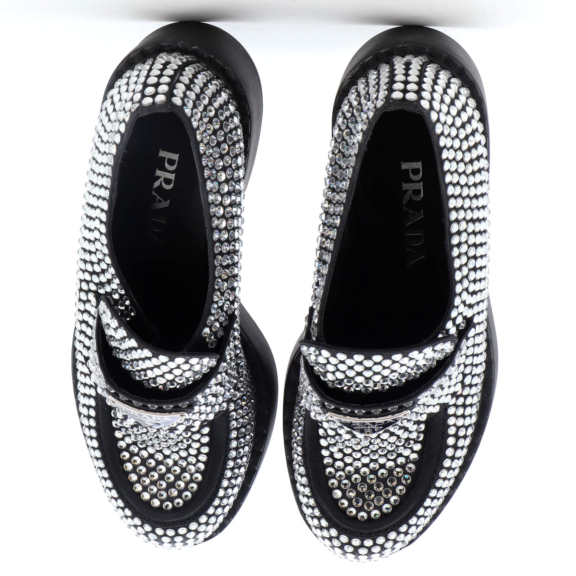 Women's Triangle Logo Loafers Crystal Embellished Satin