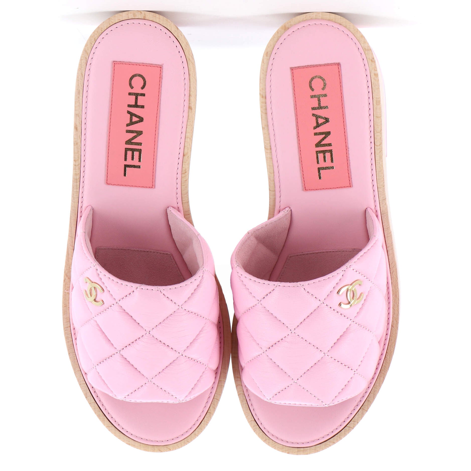 Women's Open Toe Platform Sandals Quilted Leather and Wood