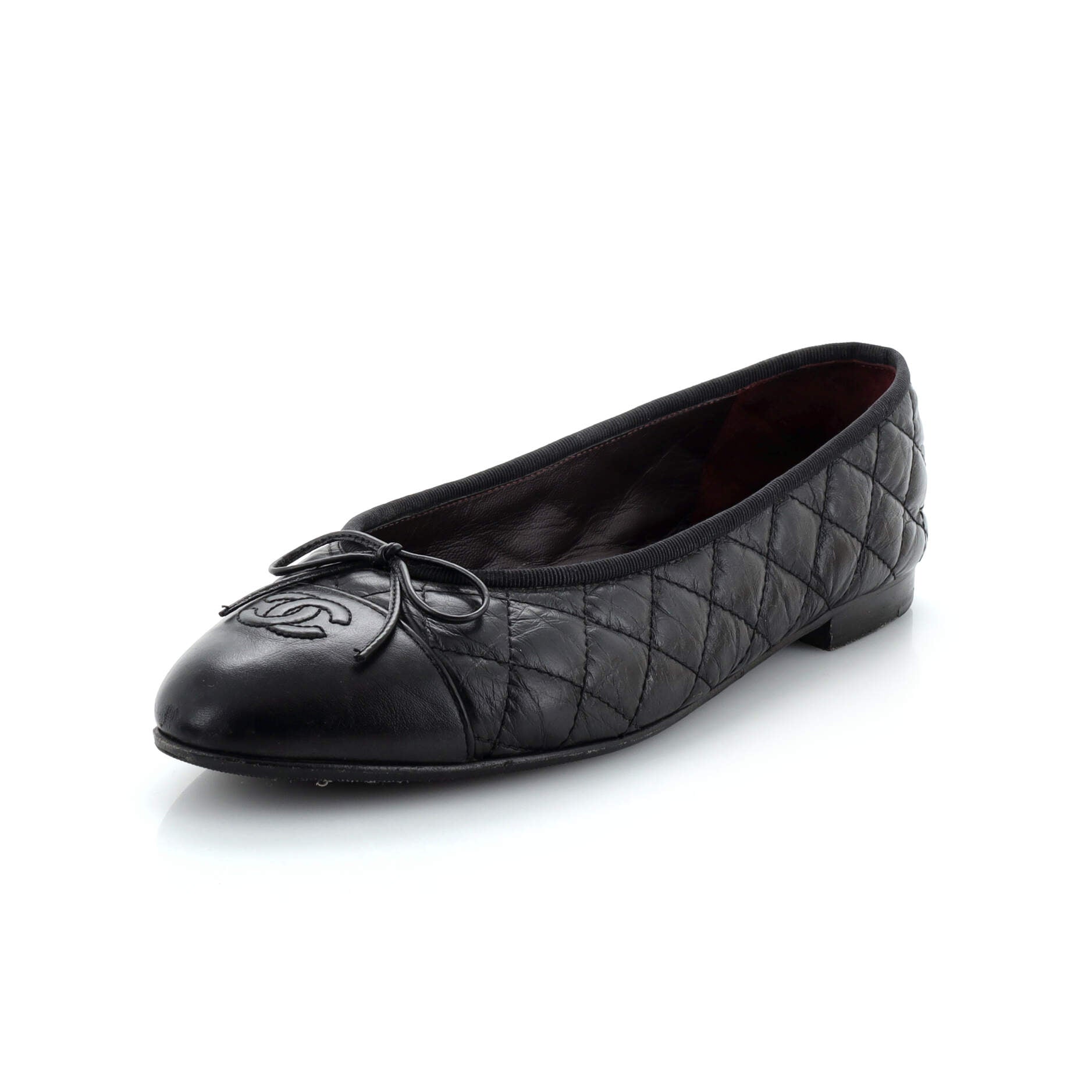 Women's CC Cap Toe Bow Ballerina Flats Quilted Leather