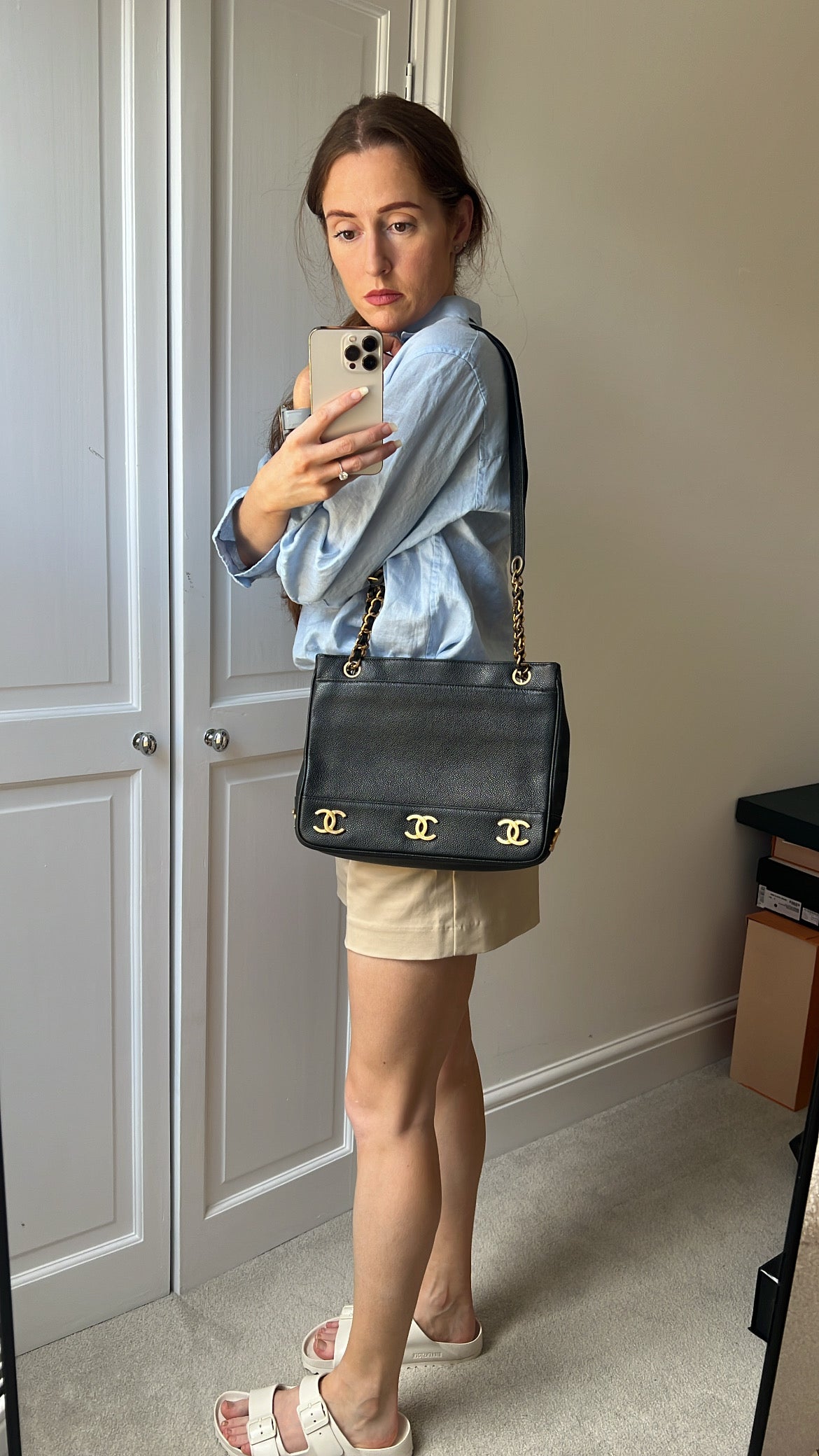 Chanel Vintage Black Caviar Chain Tote with 24k Gold Hardware