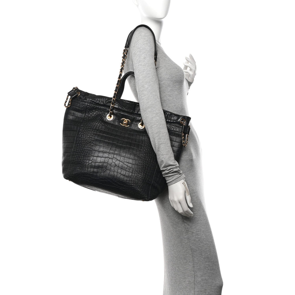 Calfskin Crocodile Embossed Large Cocodile Shopping Tote Black