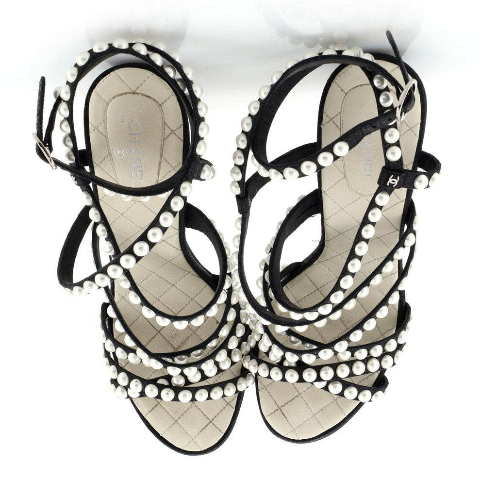 Women's Strappy Heeled Sandals Leather with Faux Pearls