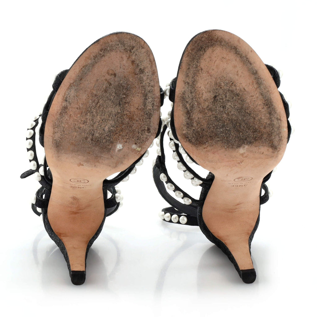 Women's Strappy Heeled Sandals Leather with Faux Pearls