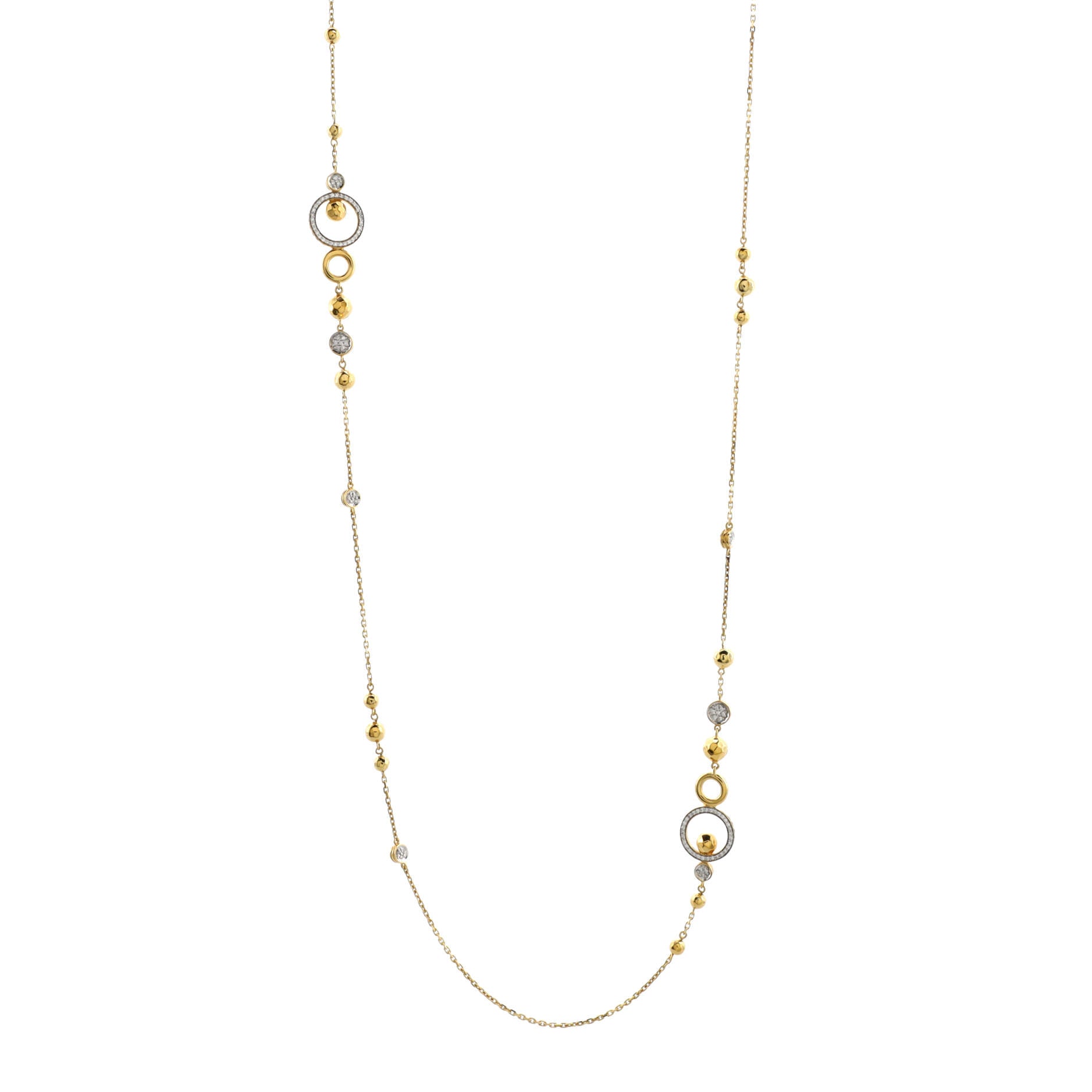 Dot Hammered Sautoir Chain Necklace 18K Yellow Gold with Pave Diamonds Long