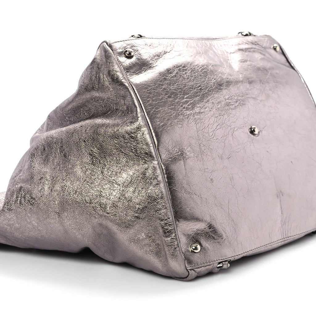 Metallic Cracked Calfskin Modern Chain Tote Dark Silver