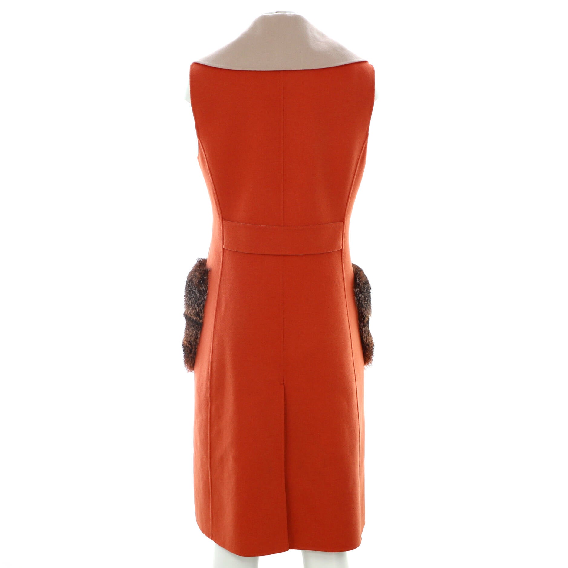 Women's Two Pocket Belted Sleeveless Coat Wool with Fur