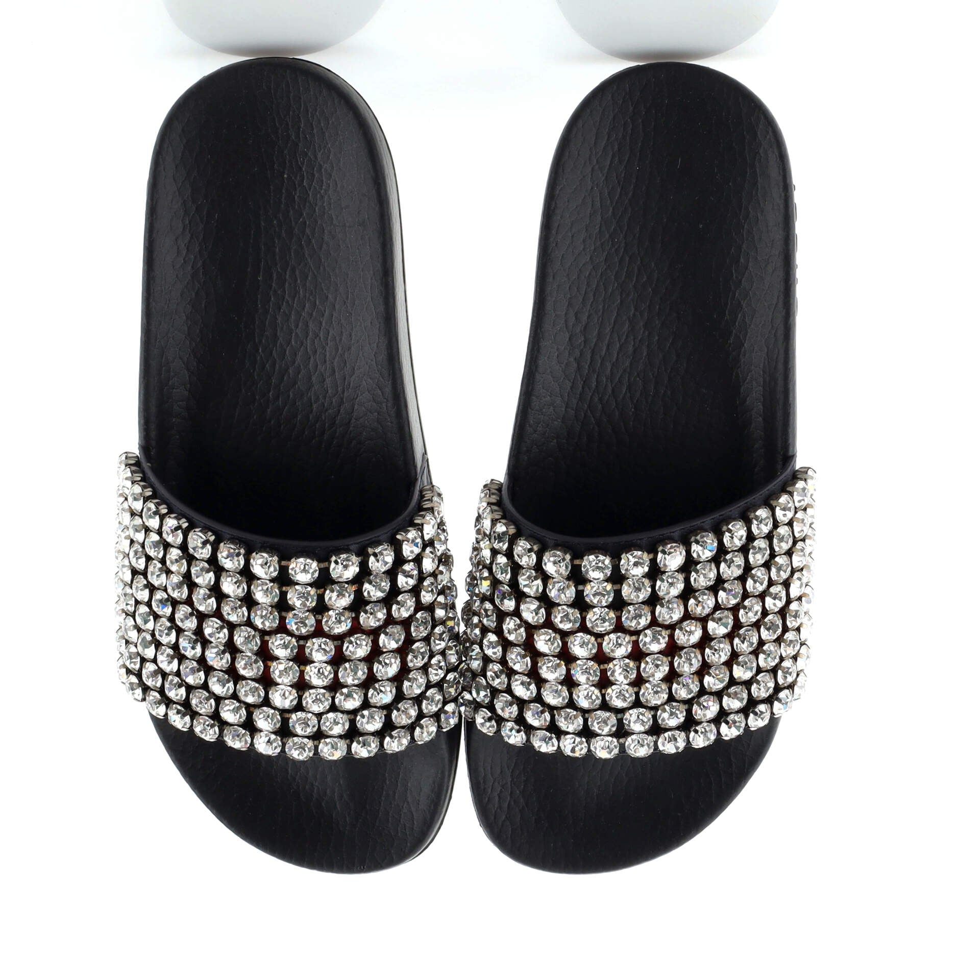 Women's Web Slide Sandals Leather and Rubber with Crystals