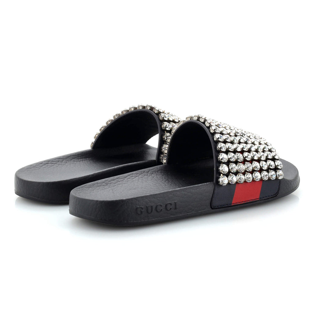 Women's Web Slide Sandals Leather and Rubber with Crystals