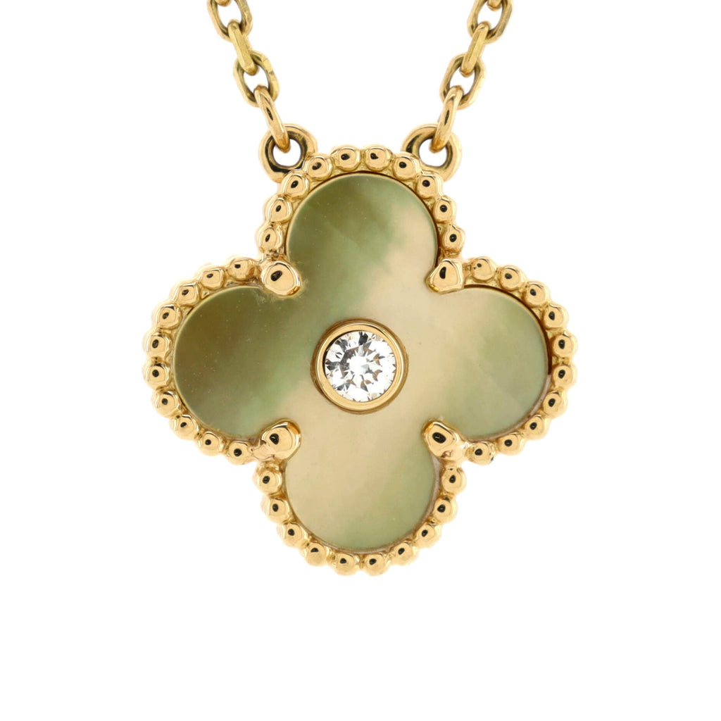 Vintage Alhambra Pendant Necklace 18K Yellow Gold and Gold Mother of Pearl with Diamond