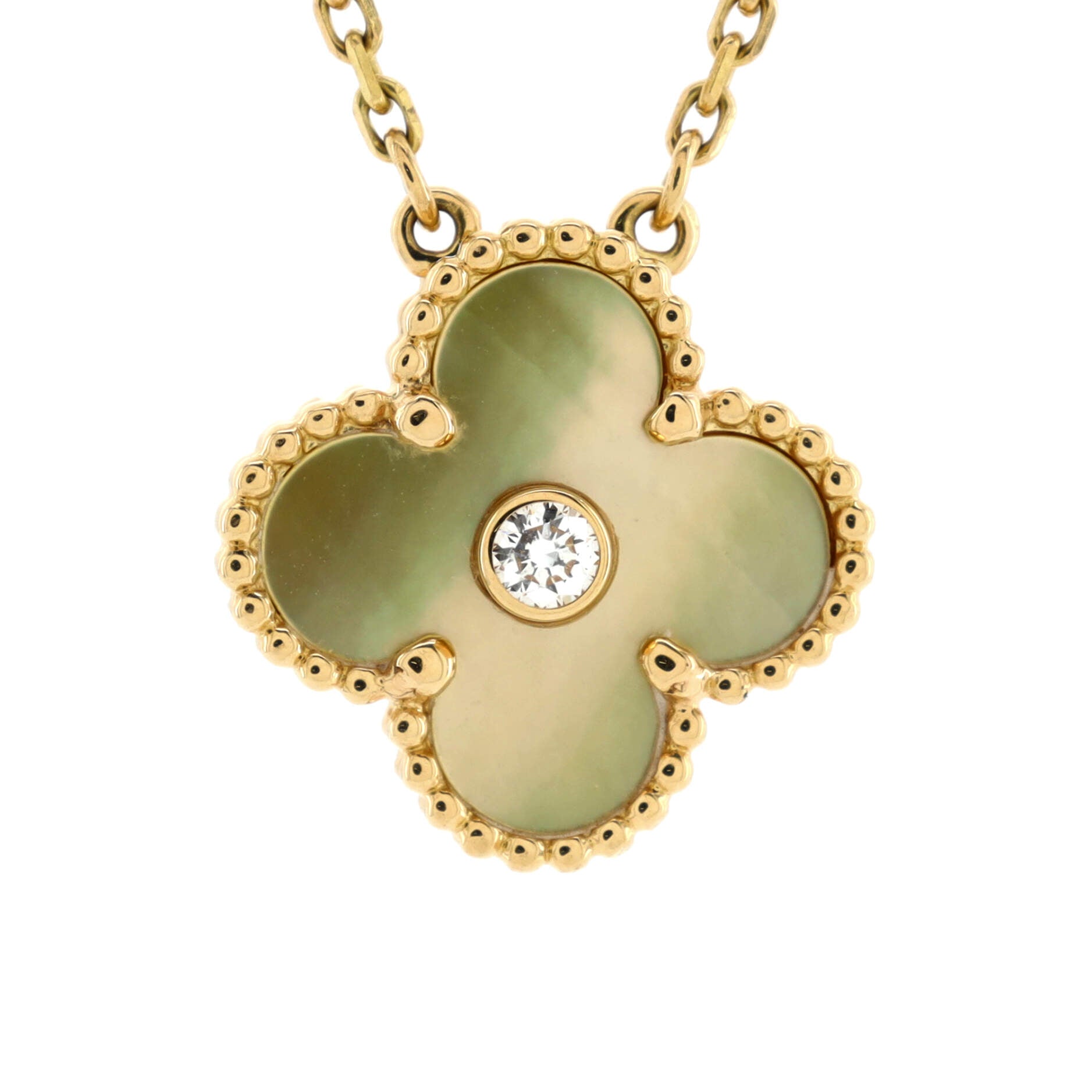 Vintage Alhambra Pendant Necklace 18K Yellow Gold and Gold Mother of Pearl with Diamond