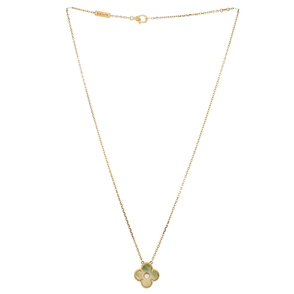 Vintage Alhambra Pendant Necklace 18K Yellow Gold and Gold Mother of Pearl with Diamond