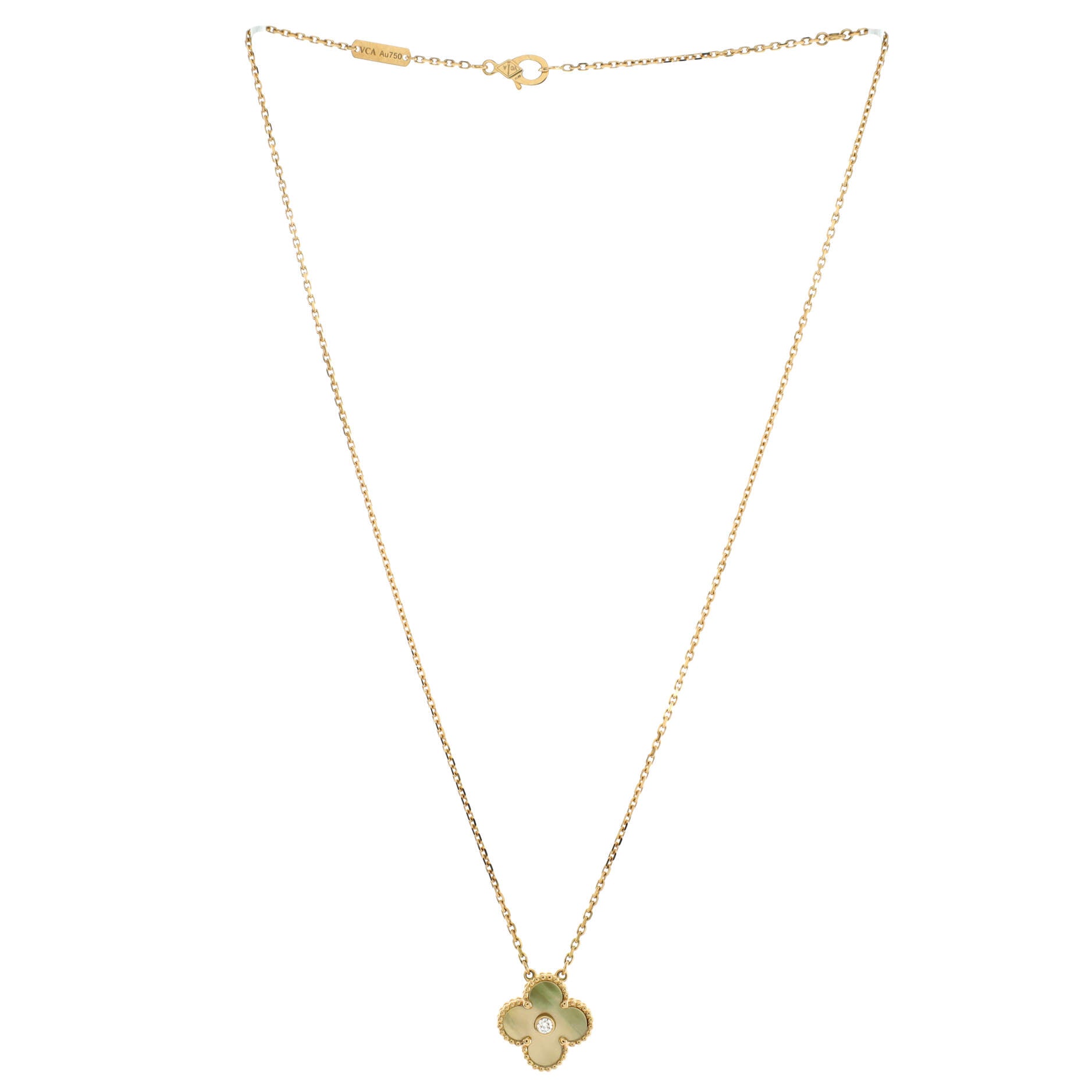 Vintage Alhambra Pendant Necklace 18K Yellow Gold and Gold Mother of Pearl with Diamond