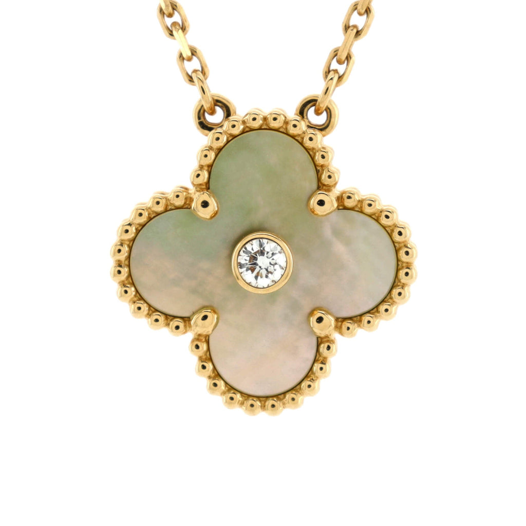 Vintage Alhambra Pendant Necklace 18K Yellow Gold and Gold Mother of Pearl with Diamond