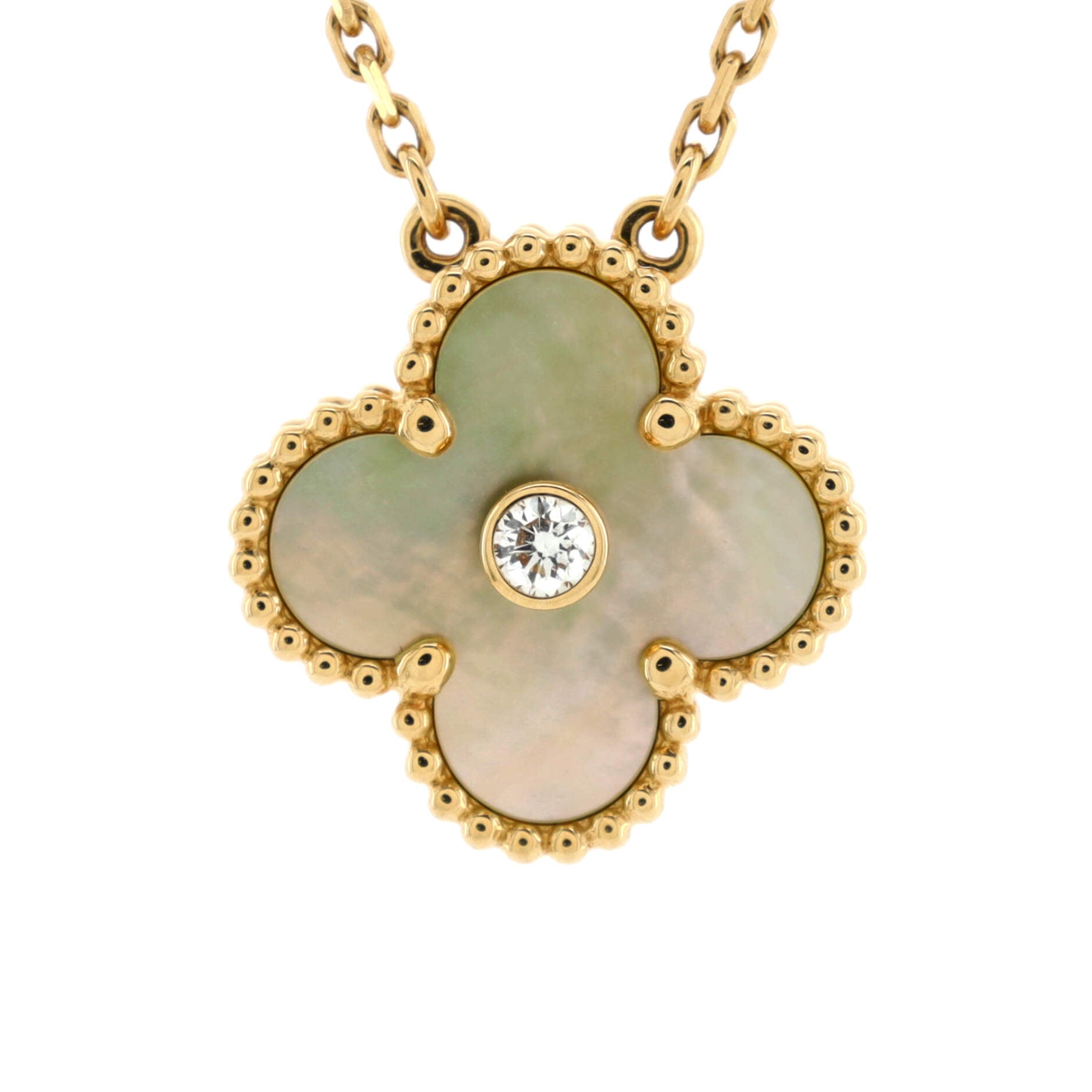 Vintage Alhambra Pendant Necklace 18K Yellow Gold and Gold Mother of Pearl with Diamond