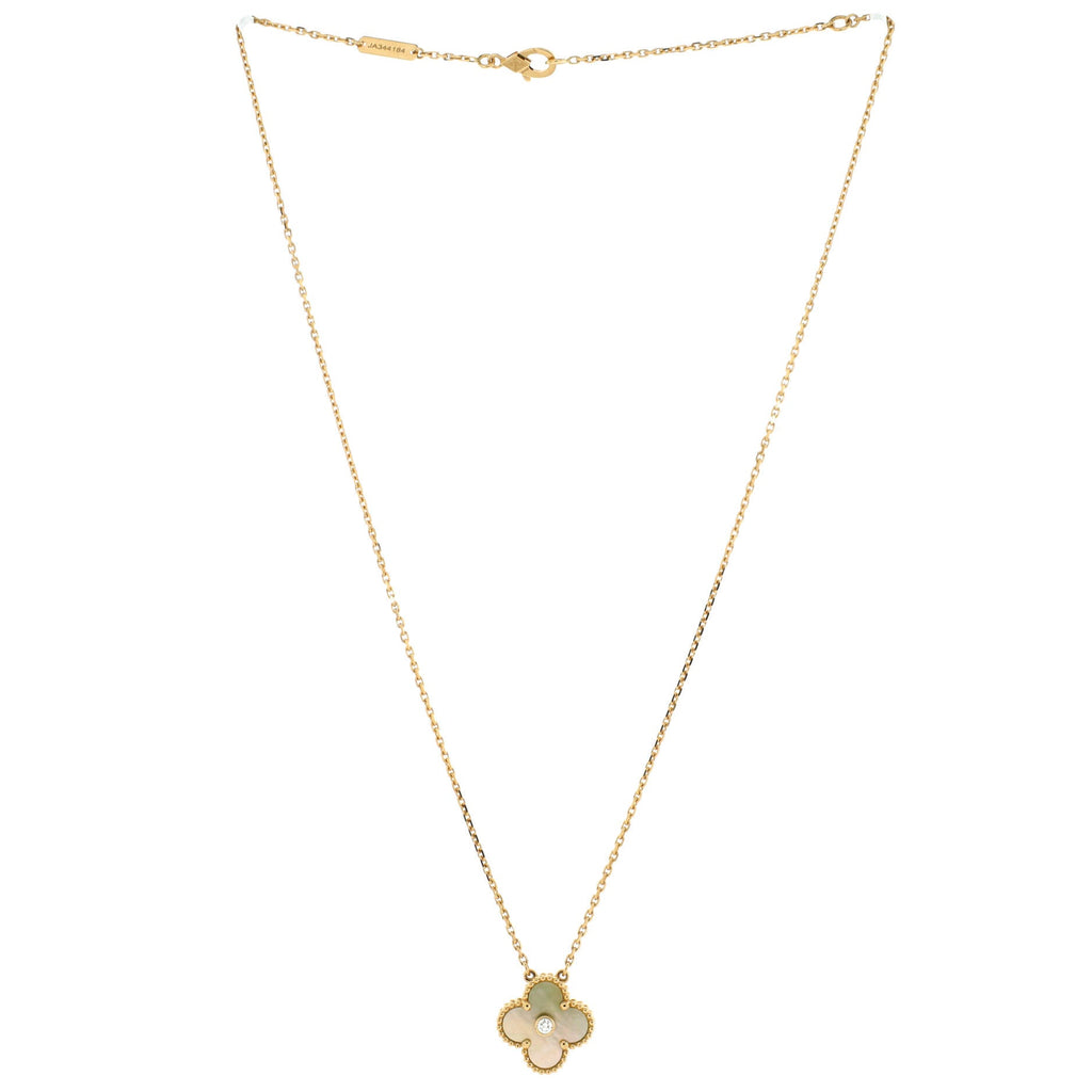 Vintage Alhambra Pendant Necklace 18K Yellow Gold and Gold Mother of Pearl with Diamond