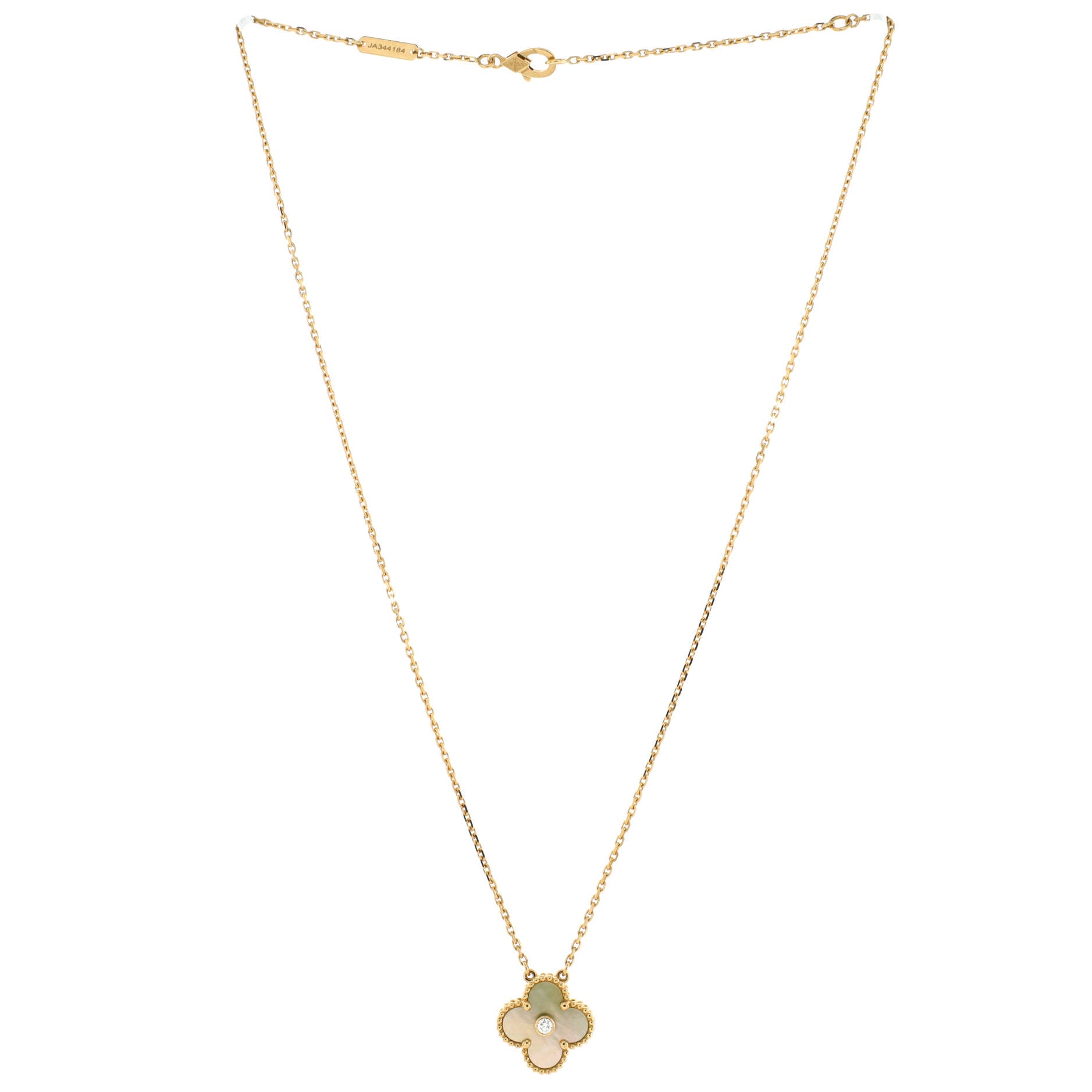 Vintage Alhambra Pendant Necklace 18K Yellow Gold and Gold Mother of Pearl with Diamond