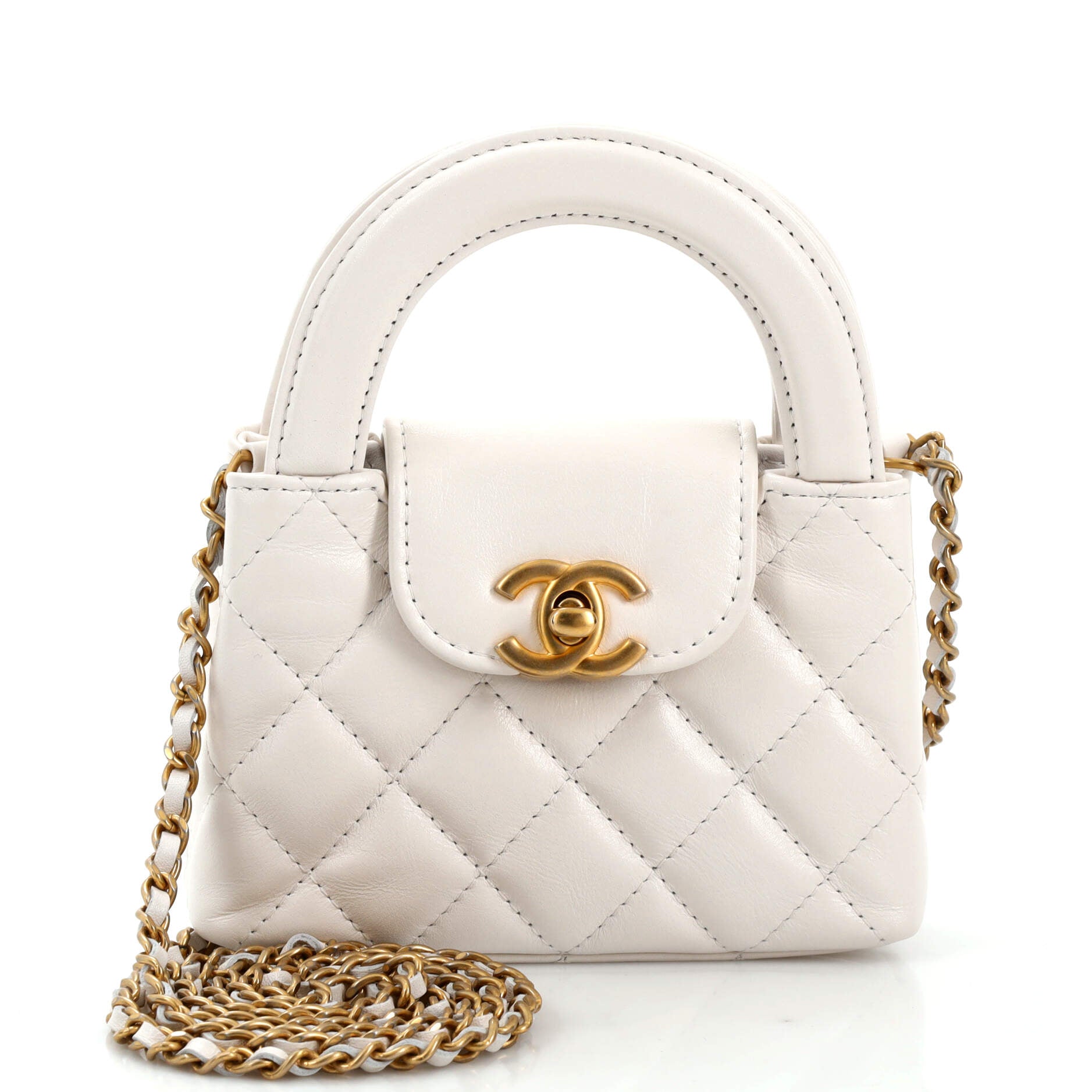 Kelly Top Handle Clutch with Chain Quilted Shiny Aged Calfskin