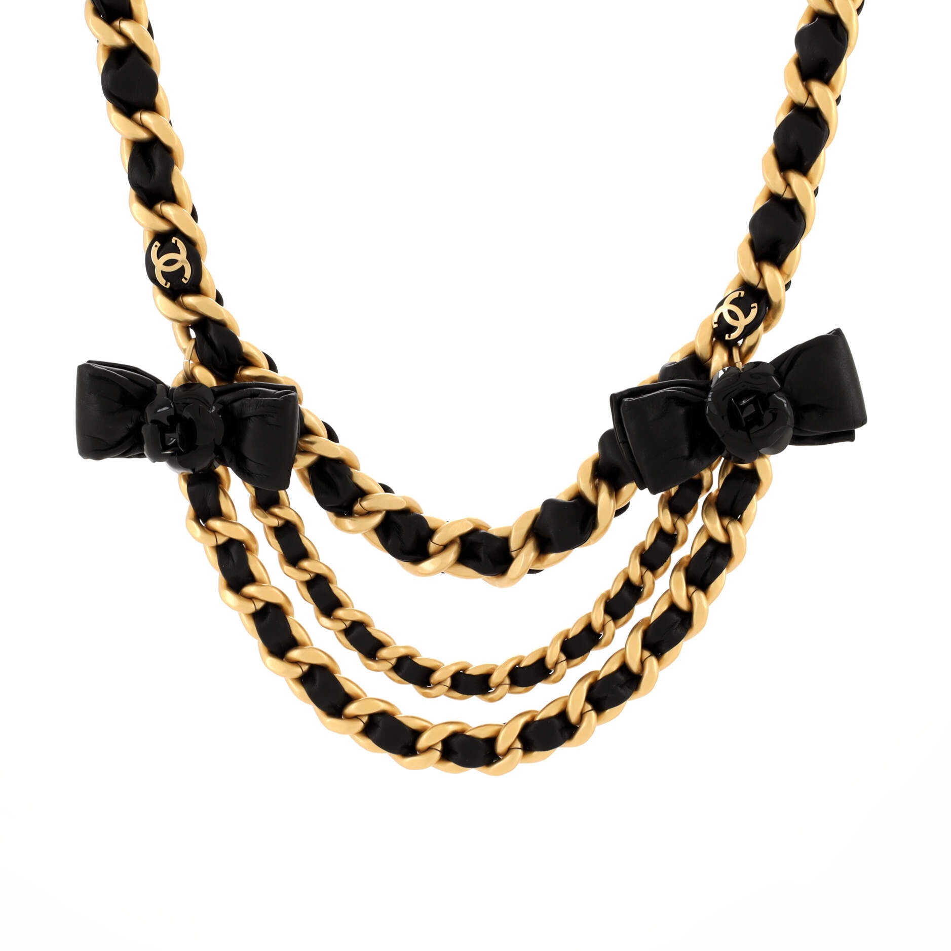 Camellia Bow Triple Woven Chain Belt Metal and Leather 85