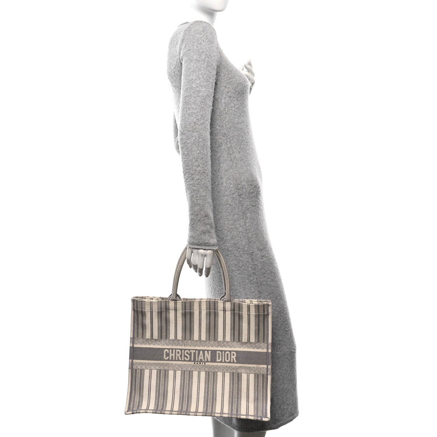 Canvas Embroidered Large Stripes Book Tote Grey
