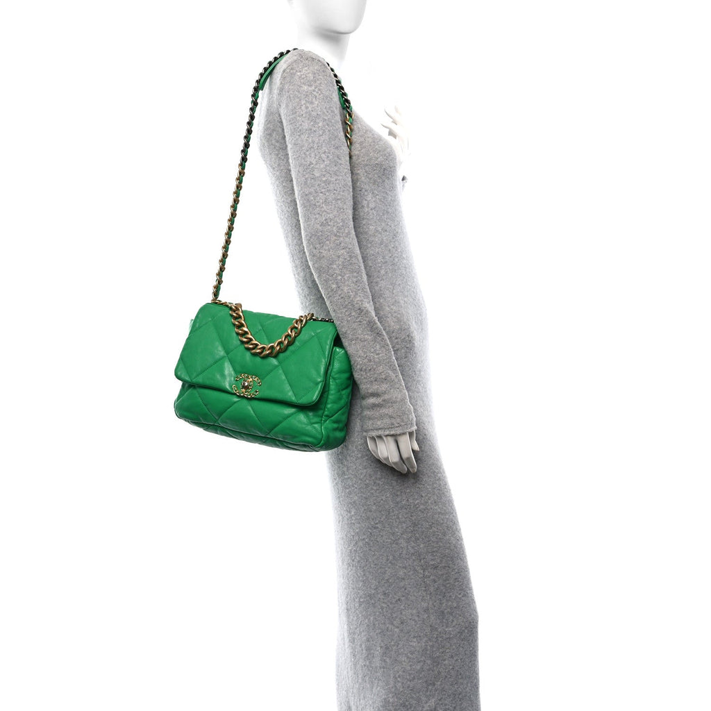 Goatskin Quilted Large Chanel 19 Flap Green