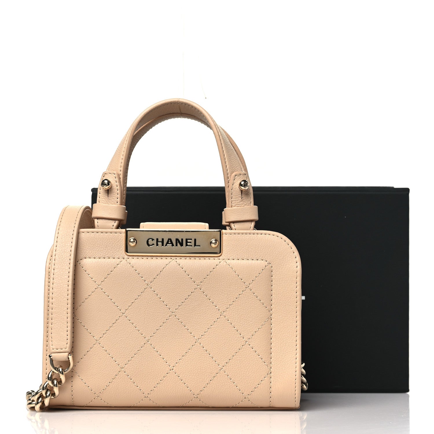 Grained Calfskin Stitched Mini Label  Shopper Tote Beige