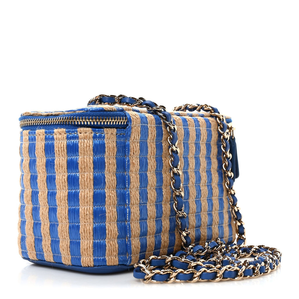 Raffia Jute Striped Small Vanity Case With Chain Blue Beige