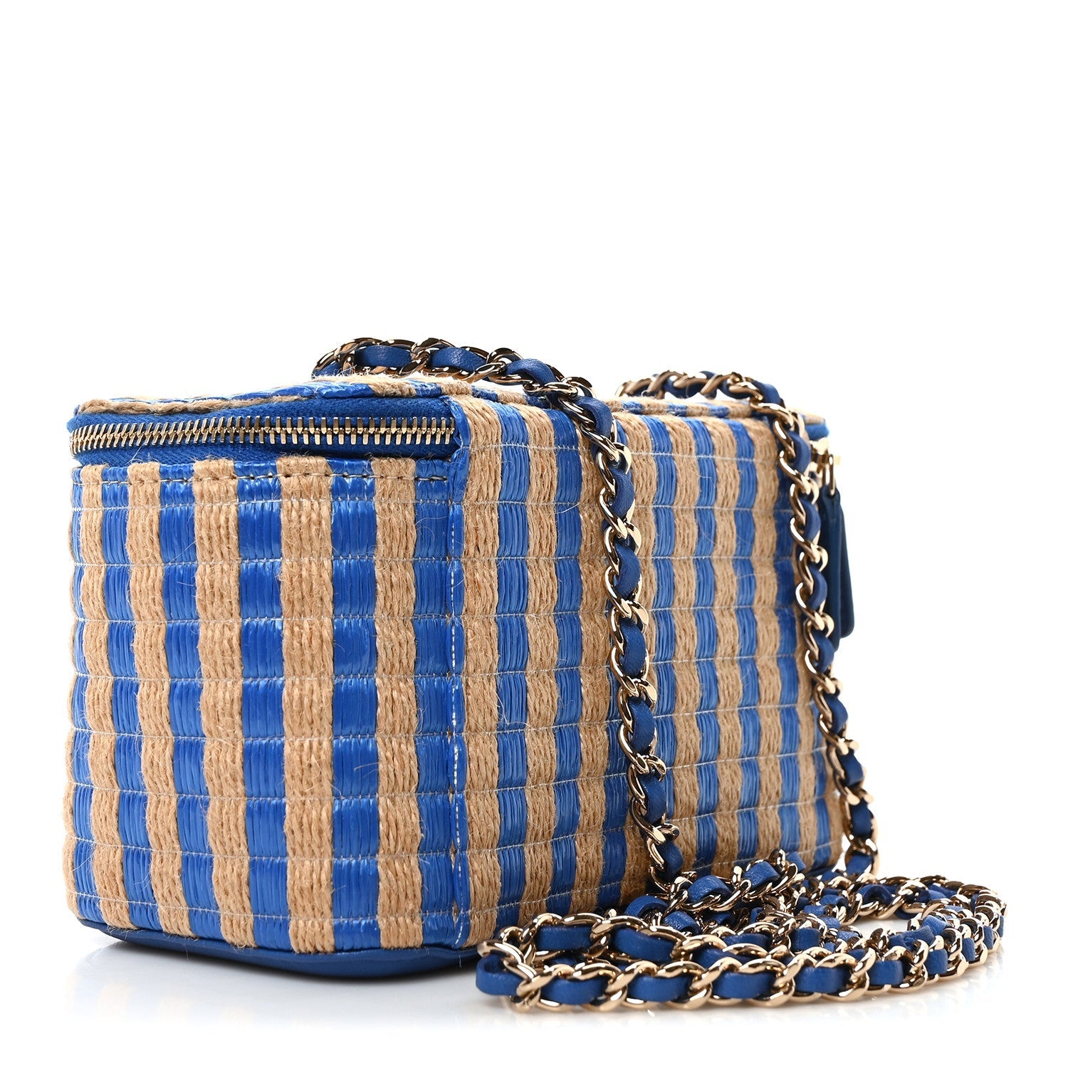 Raffia Jute Striped Small Vanity Case With Chain Blue Beige
