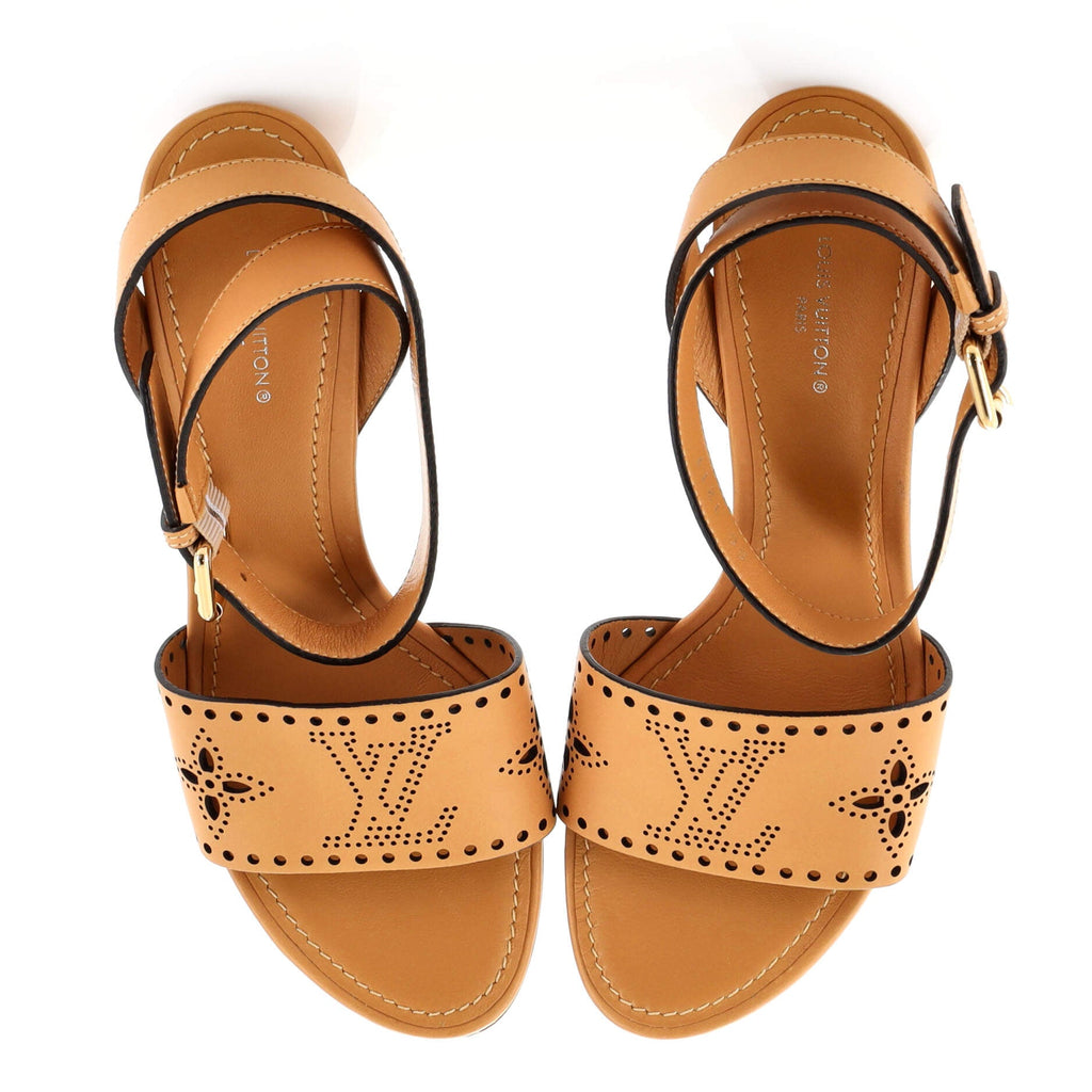 Women's Horizon Block Heeled Sandals LV Initials and Monogram Flowers Perforated Leather